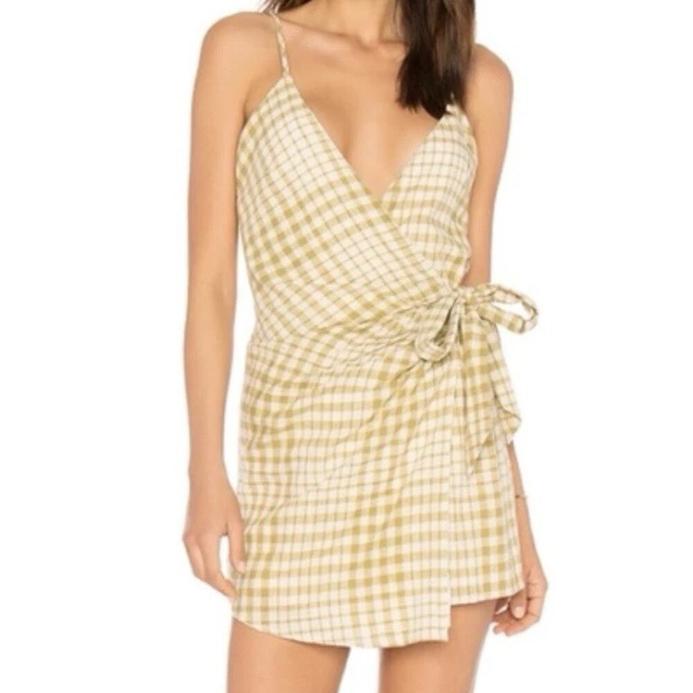 Free People Olive Green Gingham Nodia Wrap Mini Dress Size 10